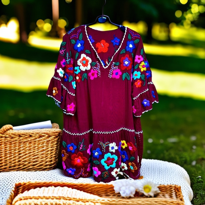 【吉庆】泰国进口手工刺绣民族风棉麻红色套头上衣时尚夏季重工刺绣