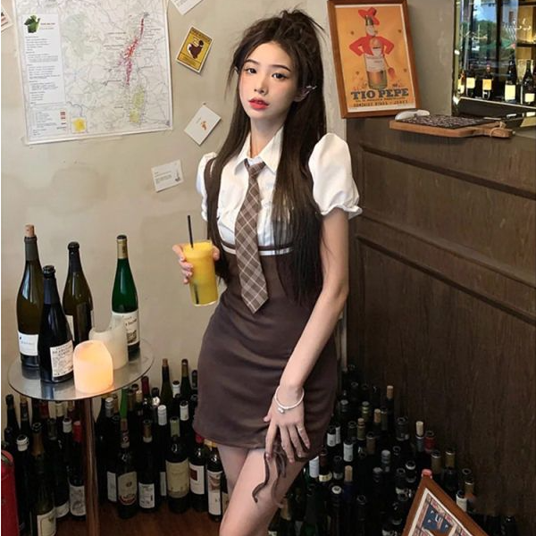 美式学院风设计感绑带假两件连衣裙夏季2025纯欲甜辣jk套装裙女