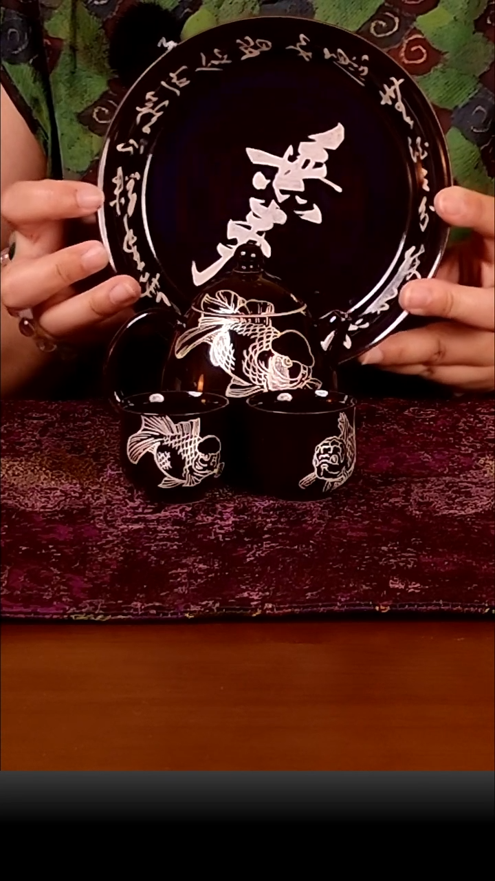 【手工手绘银鱼紫色壶+壶承】