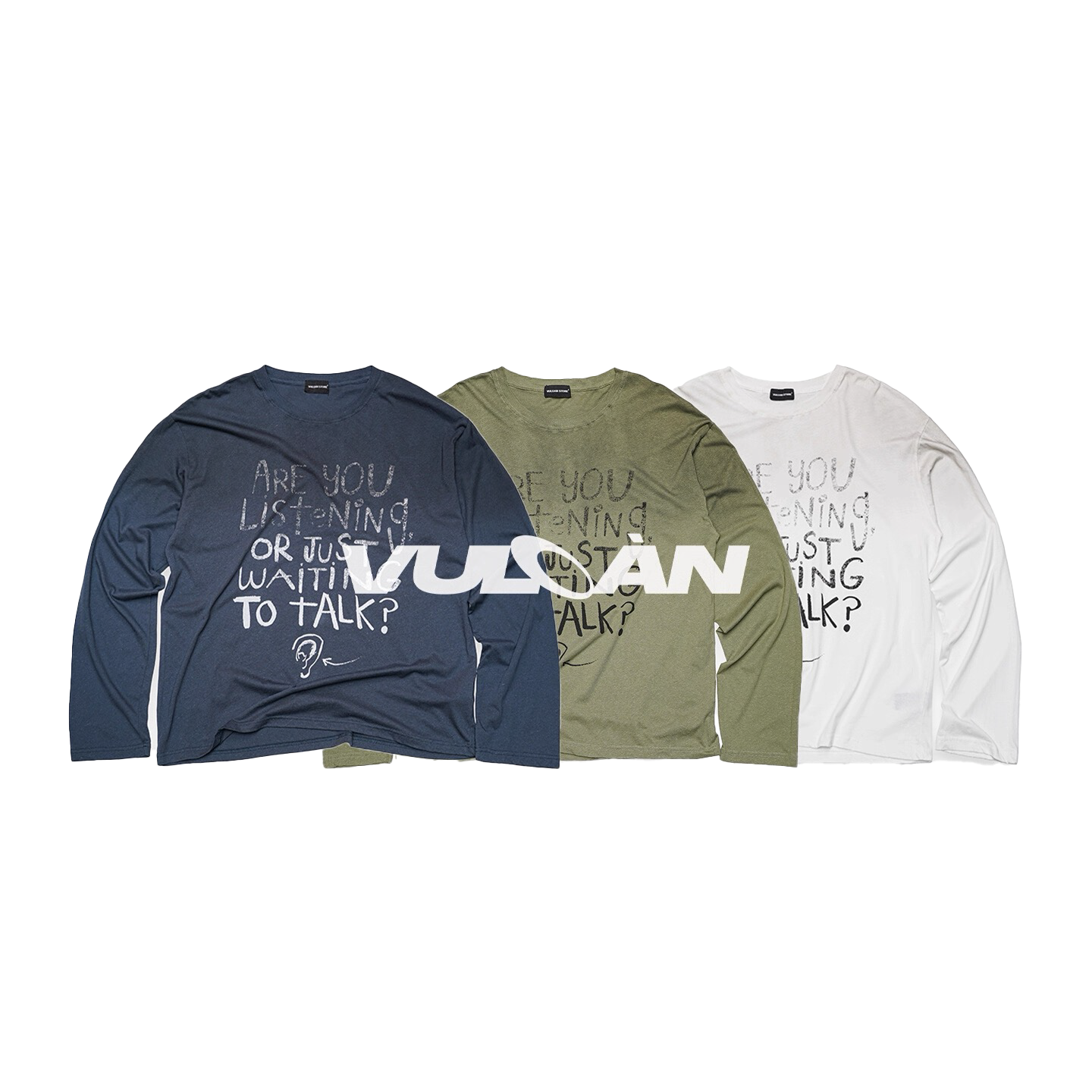 VULCAN复古长袖T恤男早秋新款棉麻圆领做旧字母恶搞印花宽松上衣