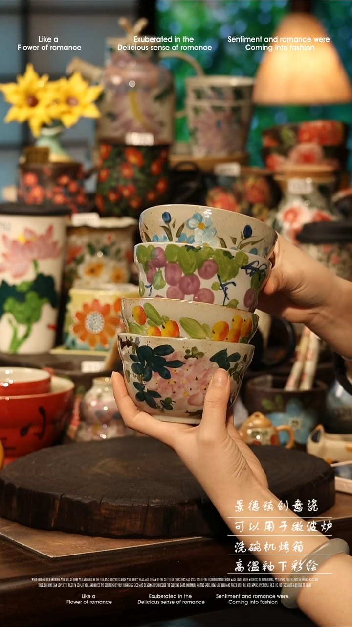 陶瓷四件套景德镇高温釉下彩手工手绘款式