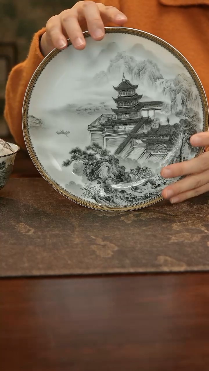 瓷逃*手绘墨彩岳阳楼壶承