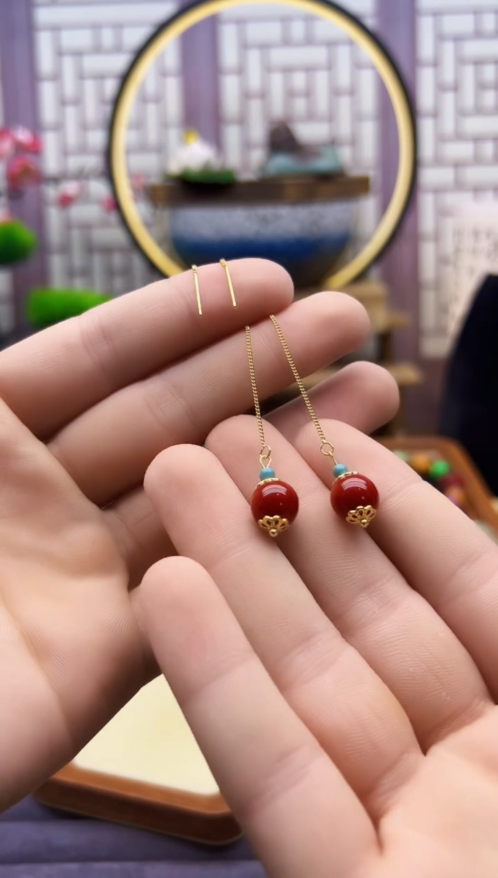 玛瑙/玉髓耳钉14K金镶嵌D337