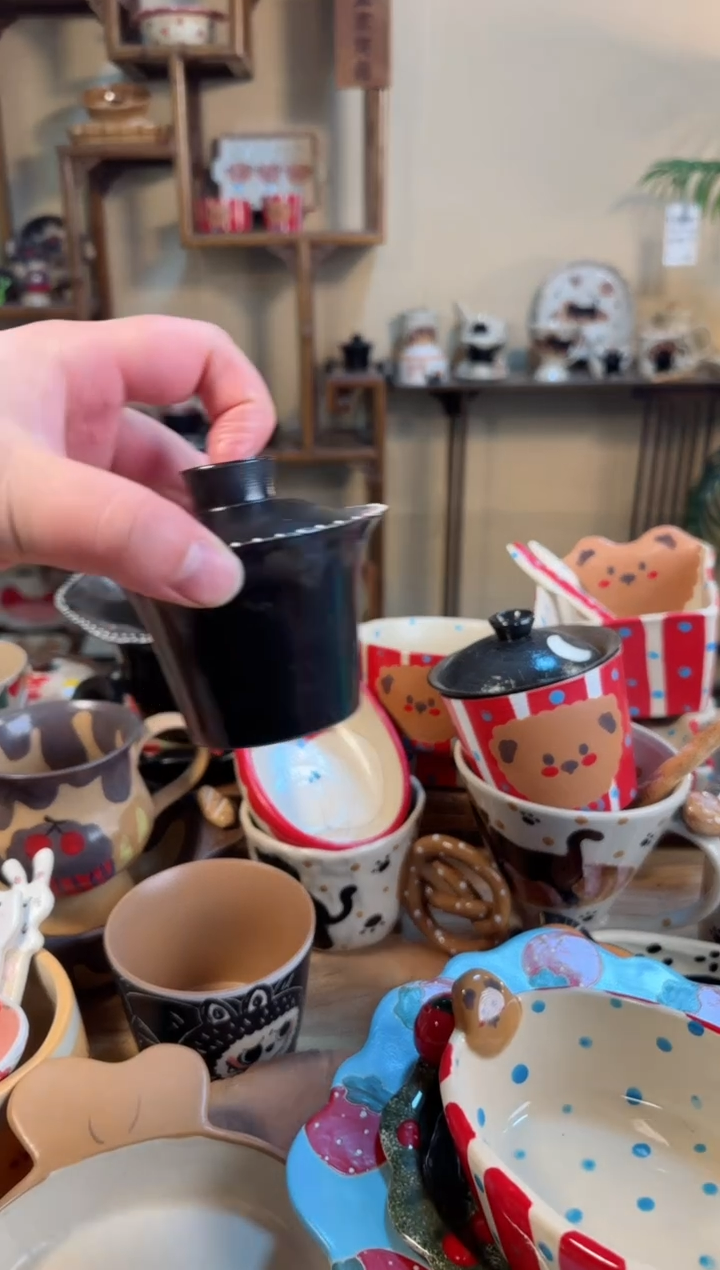 【闪购商品】黑色玫瑰盖碗高温瓷器