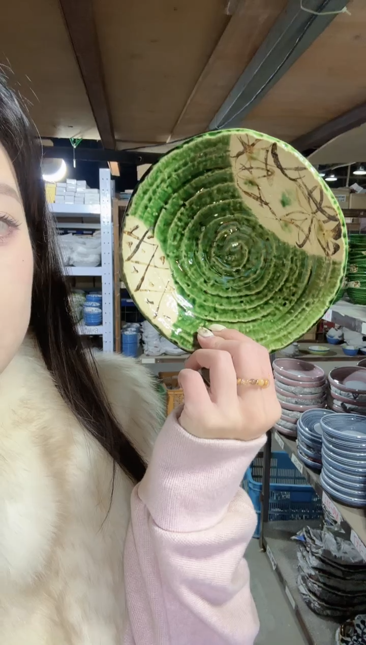 陶瓷织部间取花三足圆形浅钵碗15.5cm