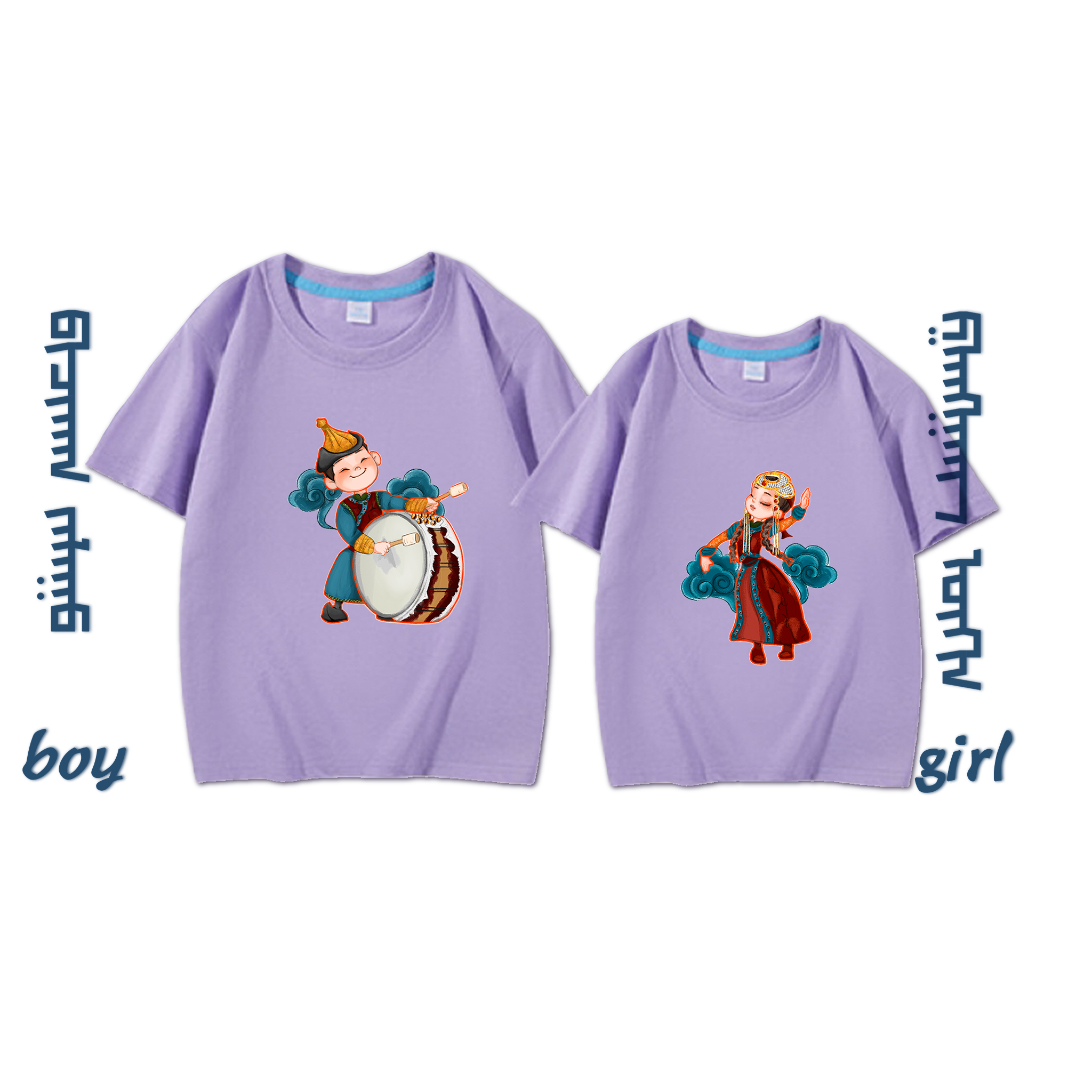 蒙古元素儿童半袖运动纯棉休闲夏季圆领童装女童男童情侣动漫宽松