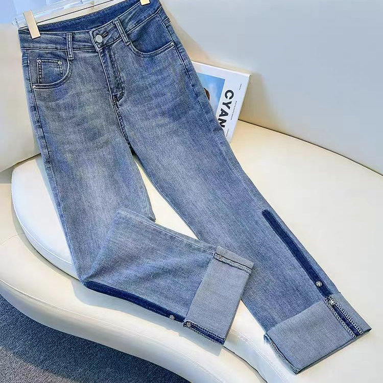 微瑕8223港味拼接九分直筒牛仔裤女小众春夏季显瘦卷边烟管裤子