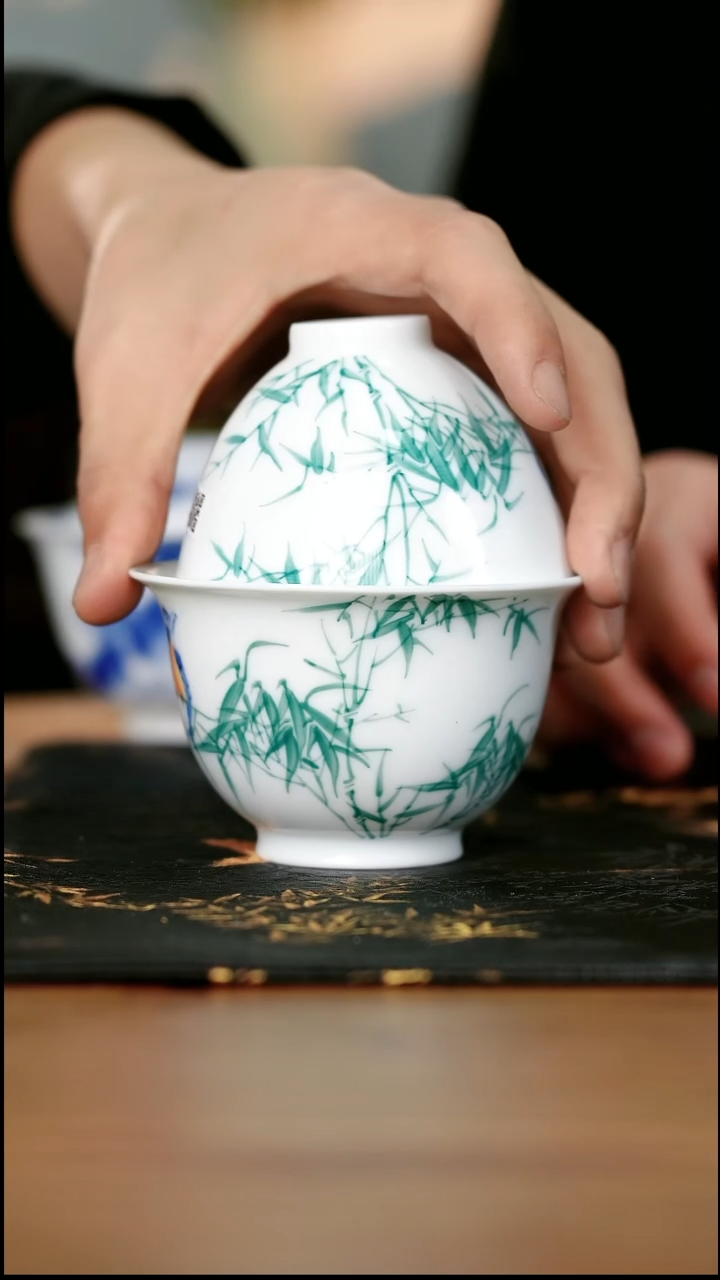 9-16手工手绘竹报平安盖碗+鸡心杯套装