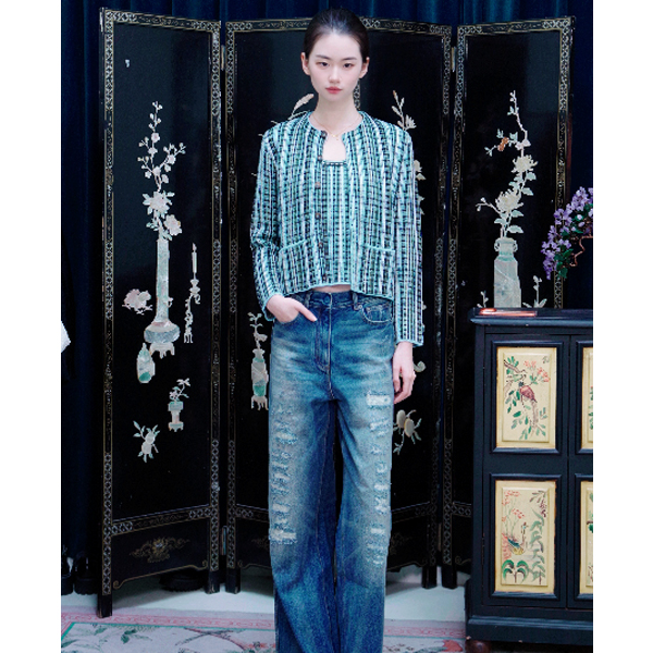 RMC-蓝色高腰阔腿牛仔裤女2025宽松休闲显瘦薄款长裤