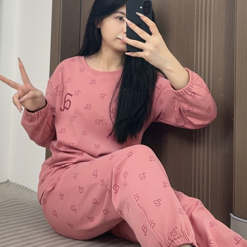 带胸垫秋冬纯棉女士长袖长裤睡衣时尚休闲大码可外穿家居服套装