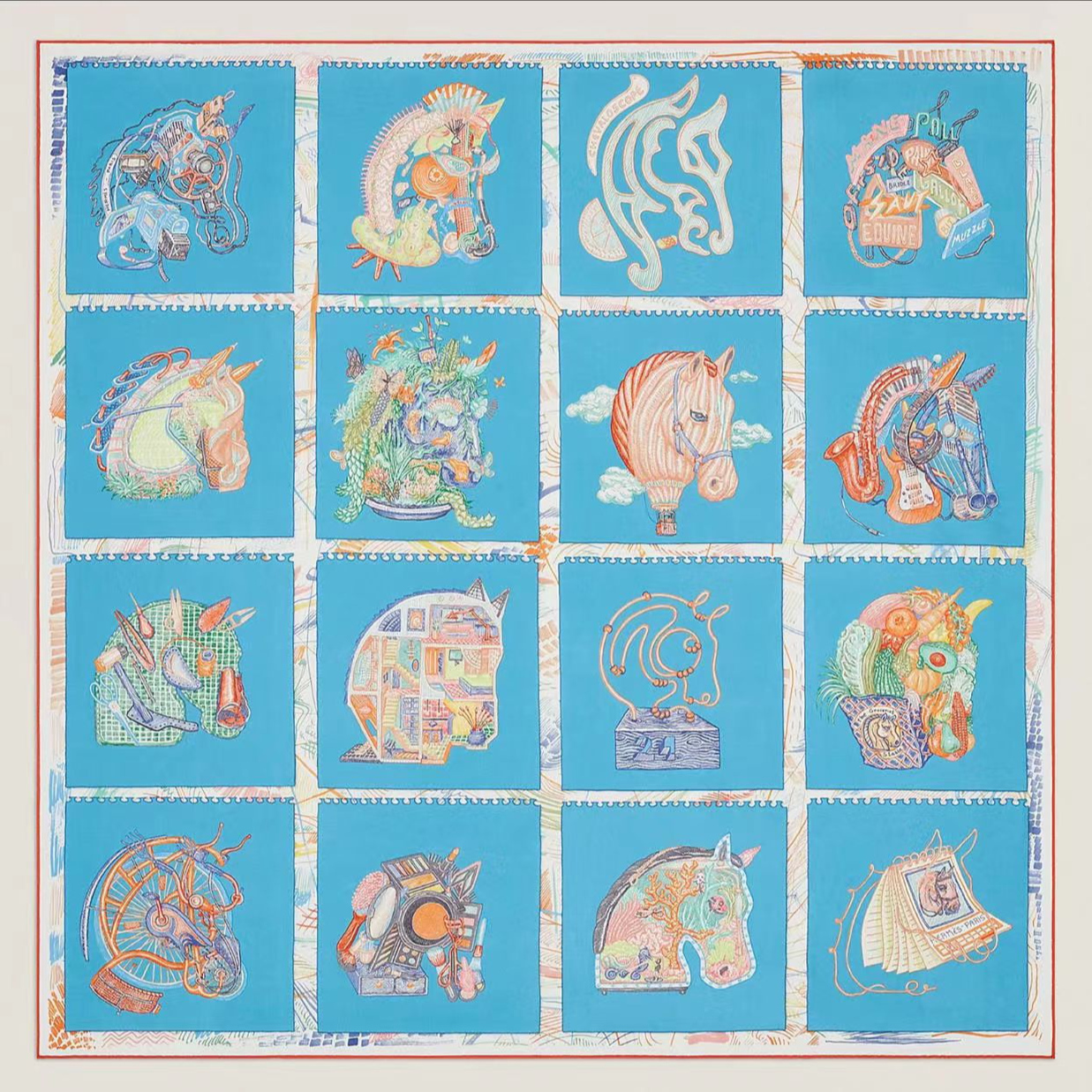 未使用 Hermes/爱马仕 壹臻/ 骏马凌镜蓝色方巾90 43440697