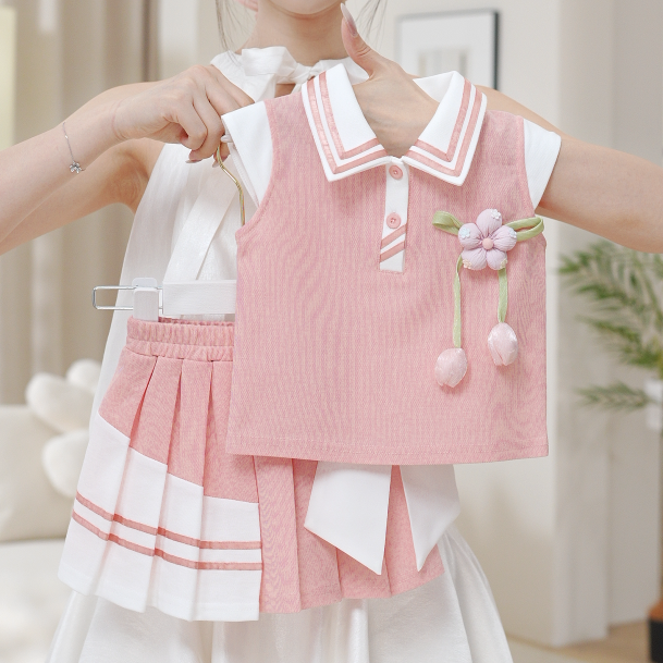 2025夏季女童高级粉郁金香学院风渐变百褶裙套装两件套SA30233