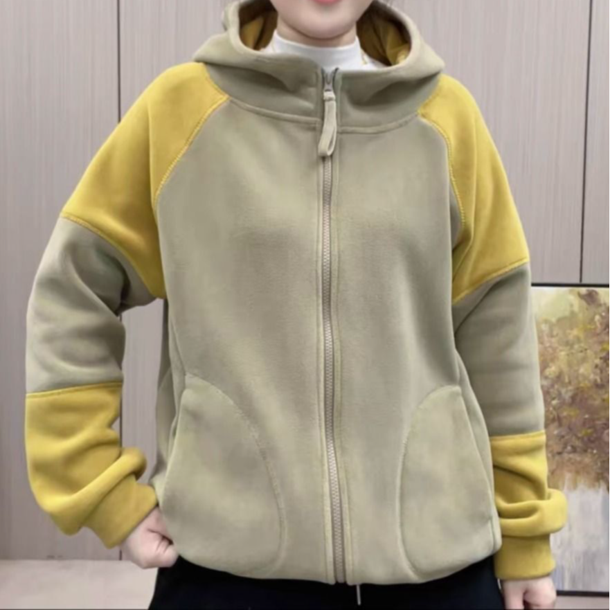 女拉链长袖保暖拼接连帽短外套女士加厚女款立领秋冬