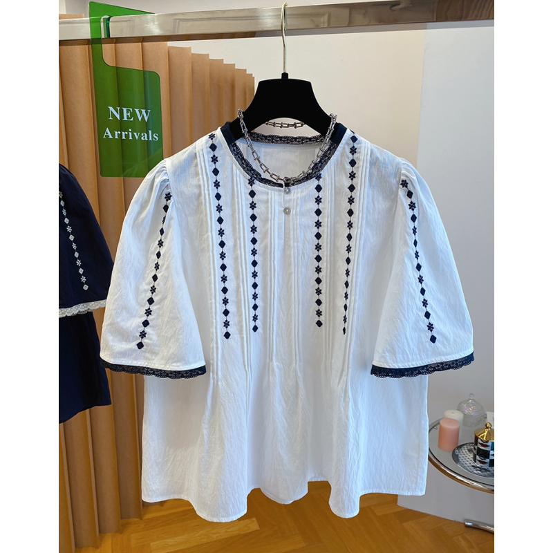 白色圆领刺绣衬衫女短袖2025新款宽松甜美减龄荷叶边娃娃衫上衣夏