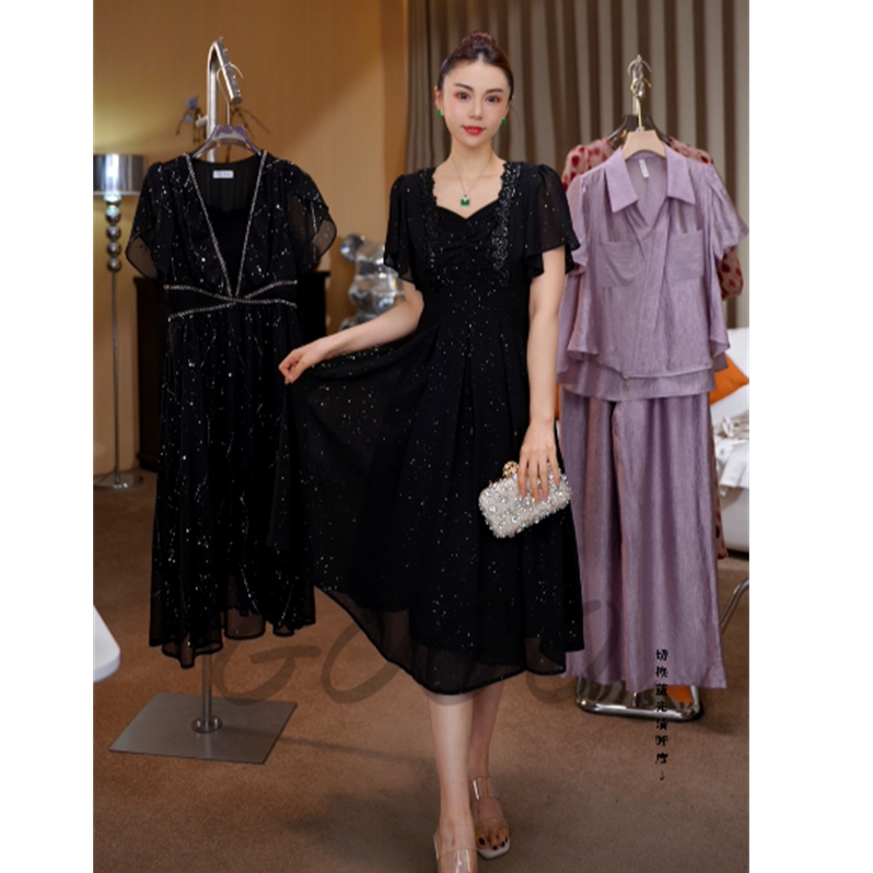 黑色天使 G6200方领短袖连衣裙女2025新款夏季显瘦显身材气质裙子