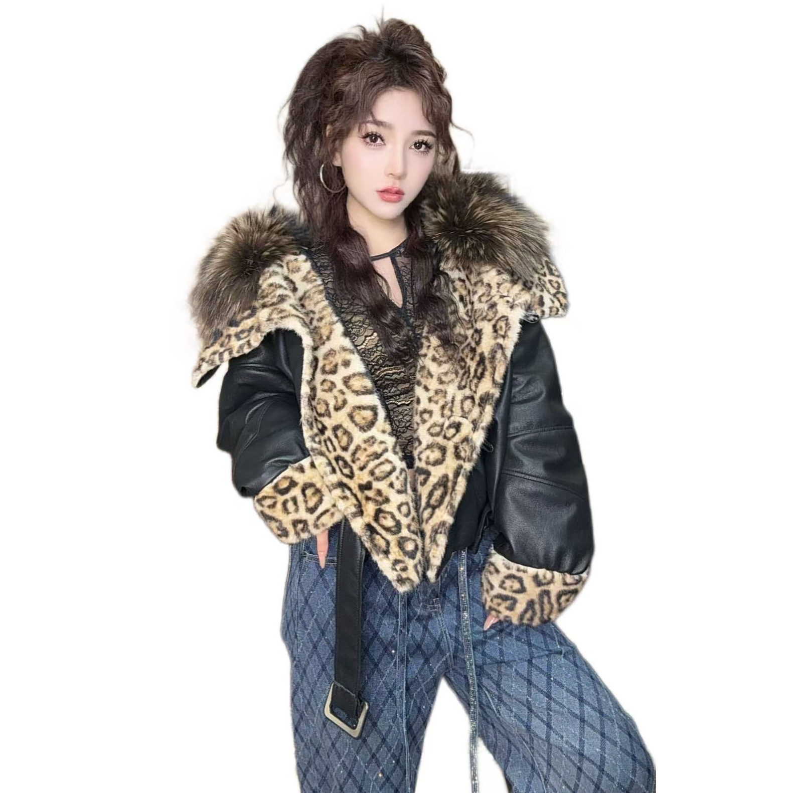 6122拼接豹纹毛领可拆显瘦短外套