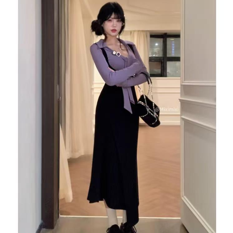 【麻辣教师】甜辣妹秋冬轻熟风设计感长袖上衣显瘦裙子长裙两件套装