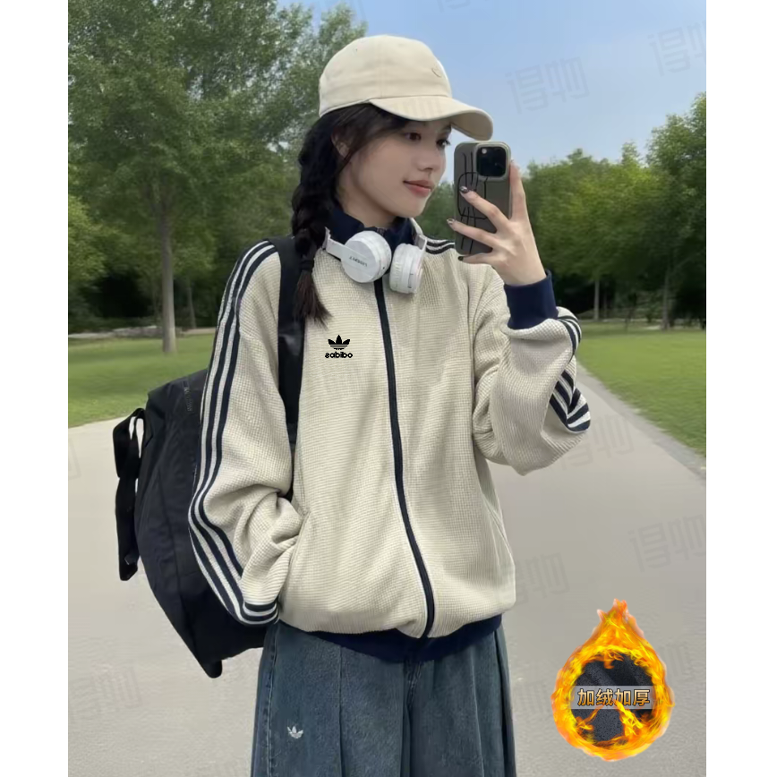 【商场撤柜】华夫格秋冬针织情侣款加绒外套 刺绣立领百搭宽松夹克