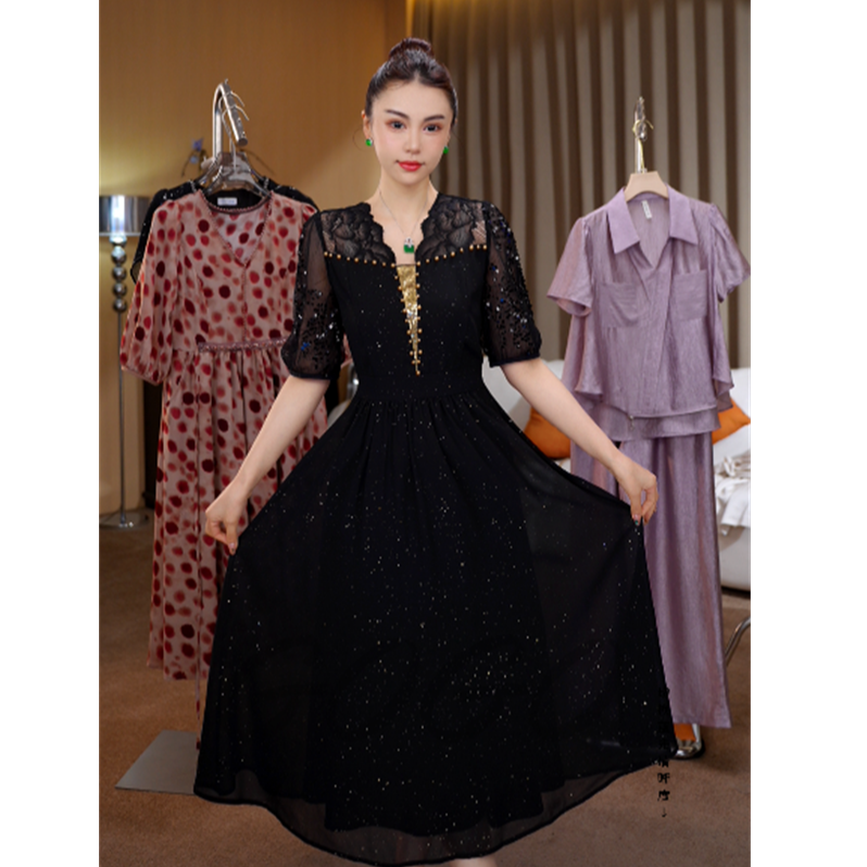 千金小姐 G6202黑色蕾丝宴会连衣裙2025新款薄纱显瘦显身材裙子