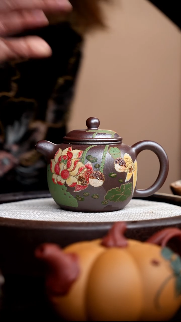 茶壶紫砂008 柴烧朱泥匏尊泥绘双鱼