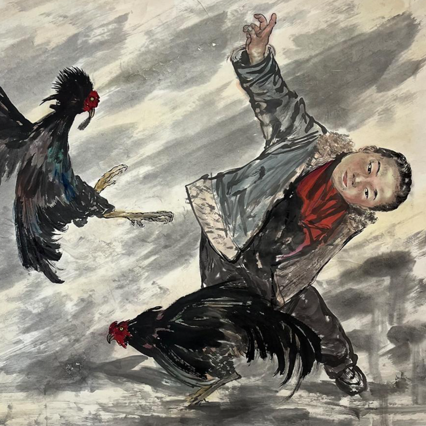 【辽拍】V240108-4-01《斗鸡图》（7.8平尺) 纸本镜片 ws1225
