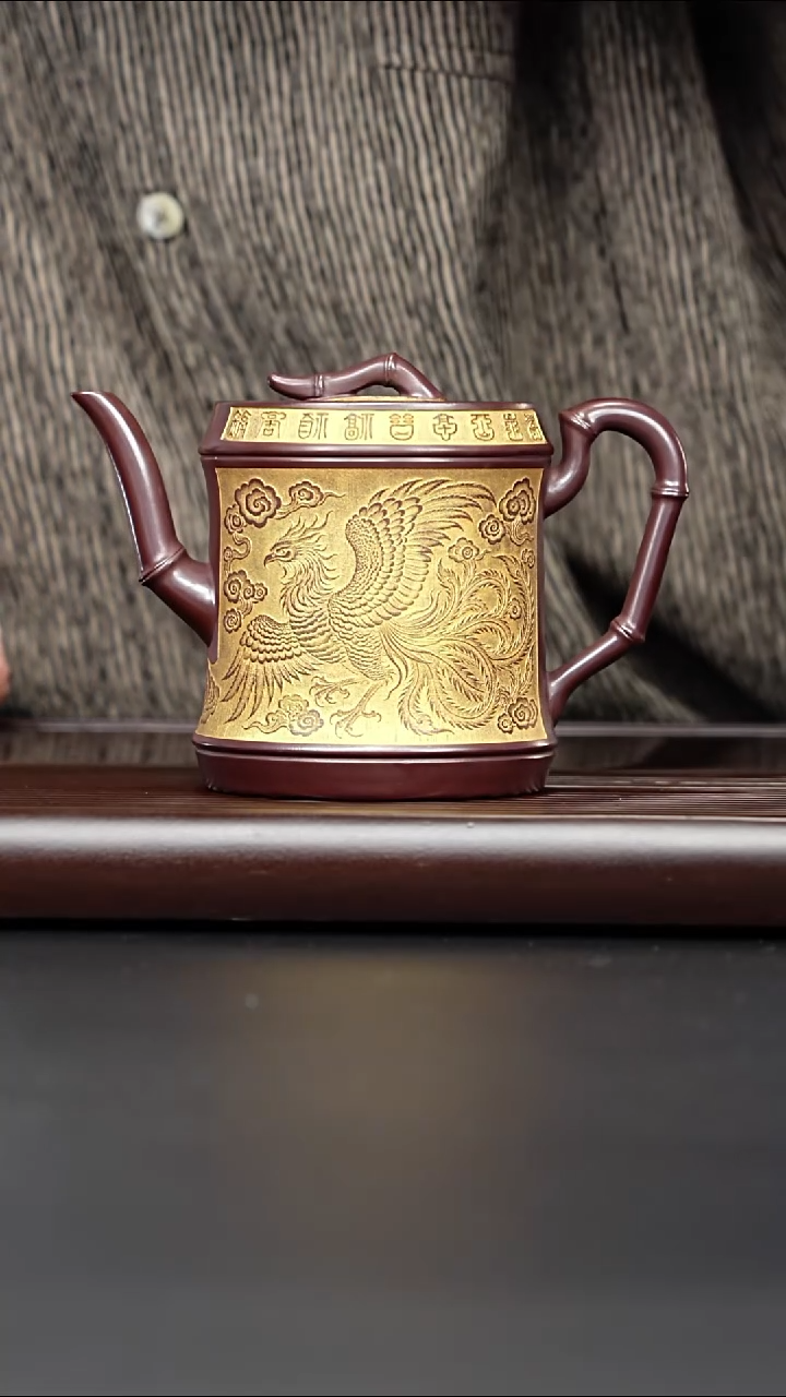 茶壶紫砂宜兴紫砂 描金龙凤高竹段壶 石红 高艳 766