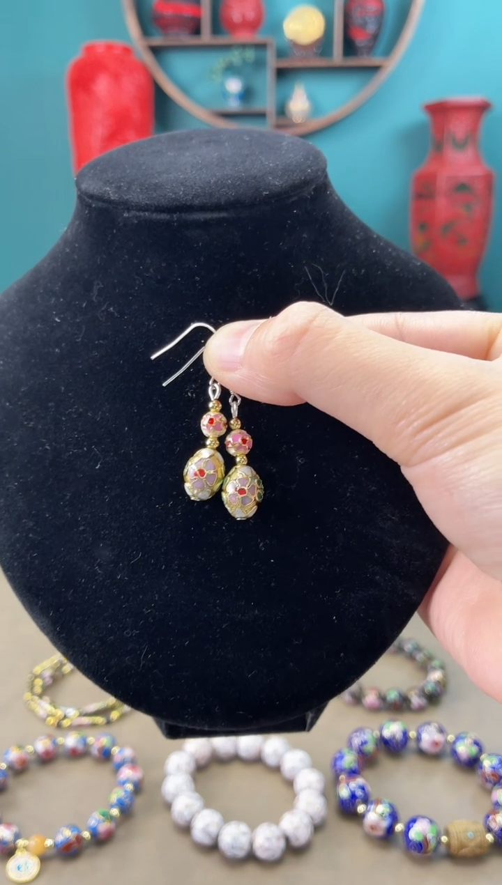 非遗 景泰蓝耳饰 金地枣珠白