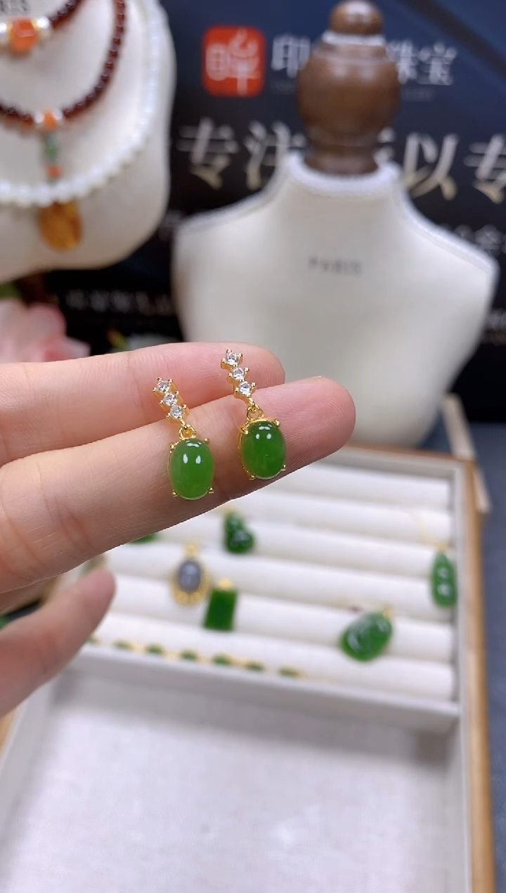 和田玉银S925镶嵌耳饰cg