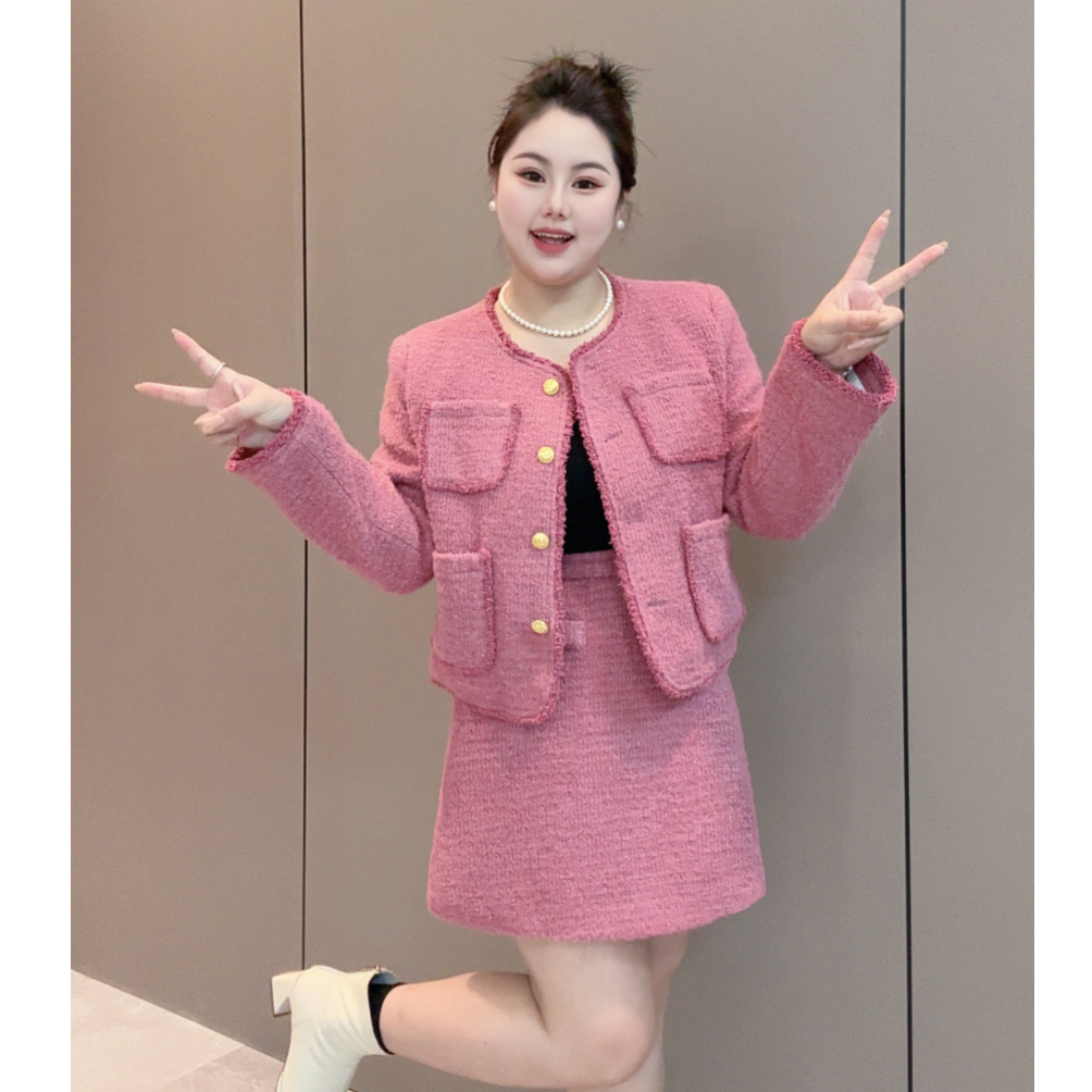 【朵拉】充绒大码冬季小香风气质粗花呢套装外套+高腰半身裙两件套