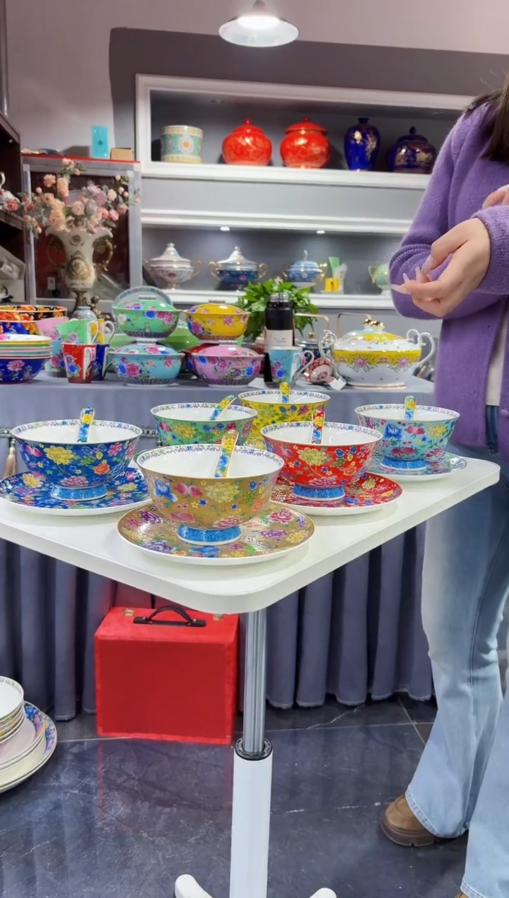 珐琅三件套碟碗勺6套景德镇陶瓷