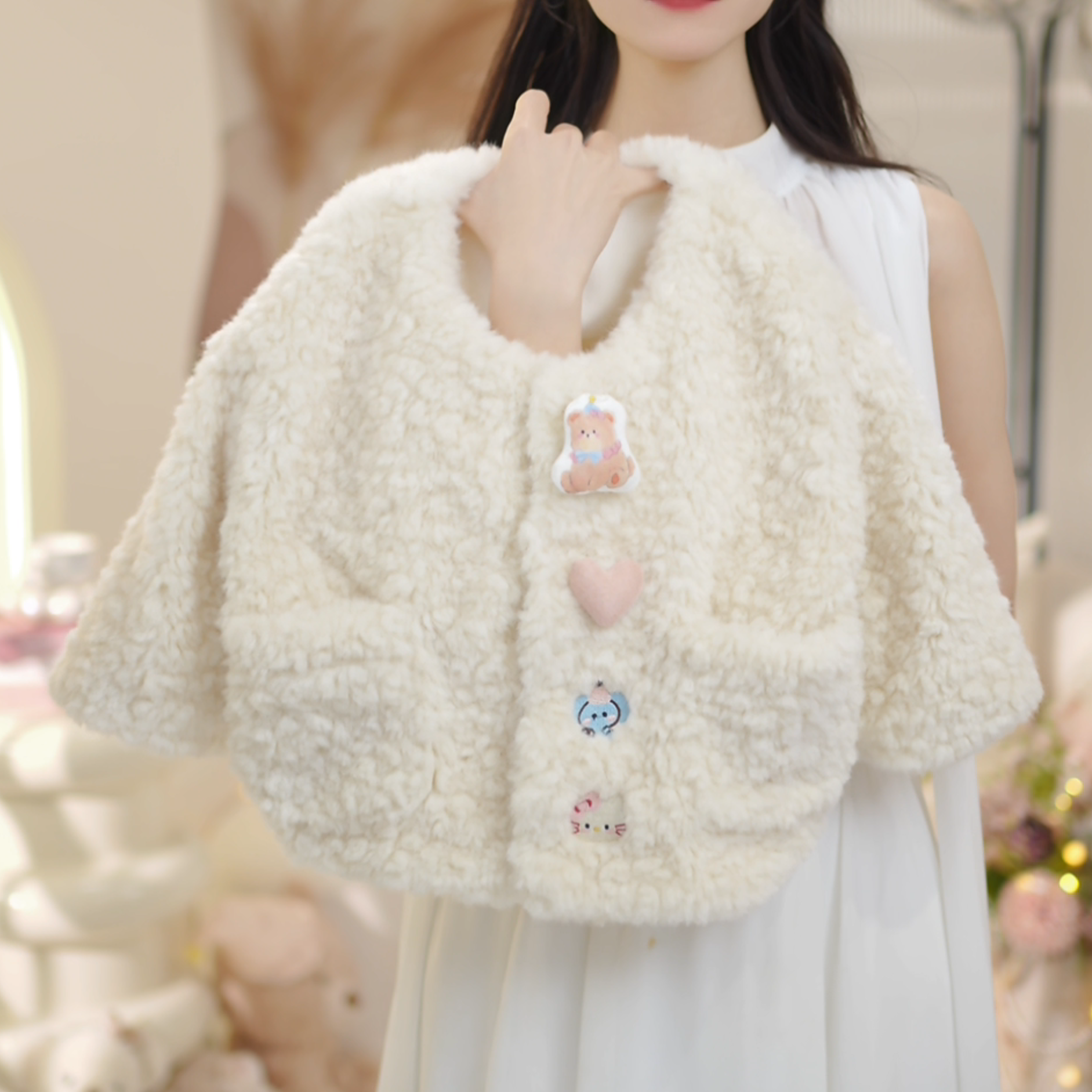 女童2025冬季新款韩版卡通玩偶加绒加厚毛毛外套C23952