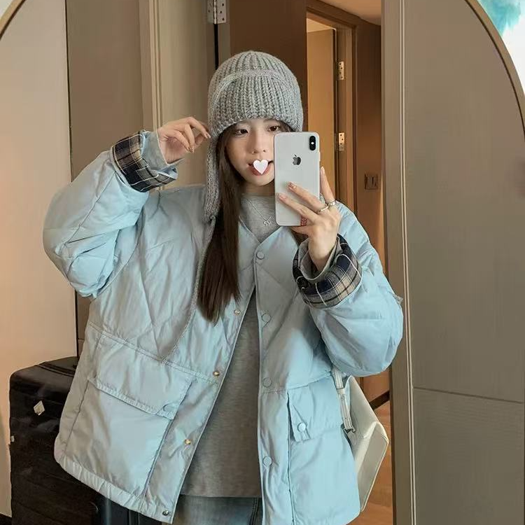 802韩版宽松圆领菱格整张棉服外套