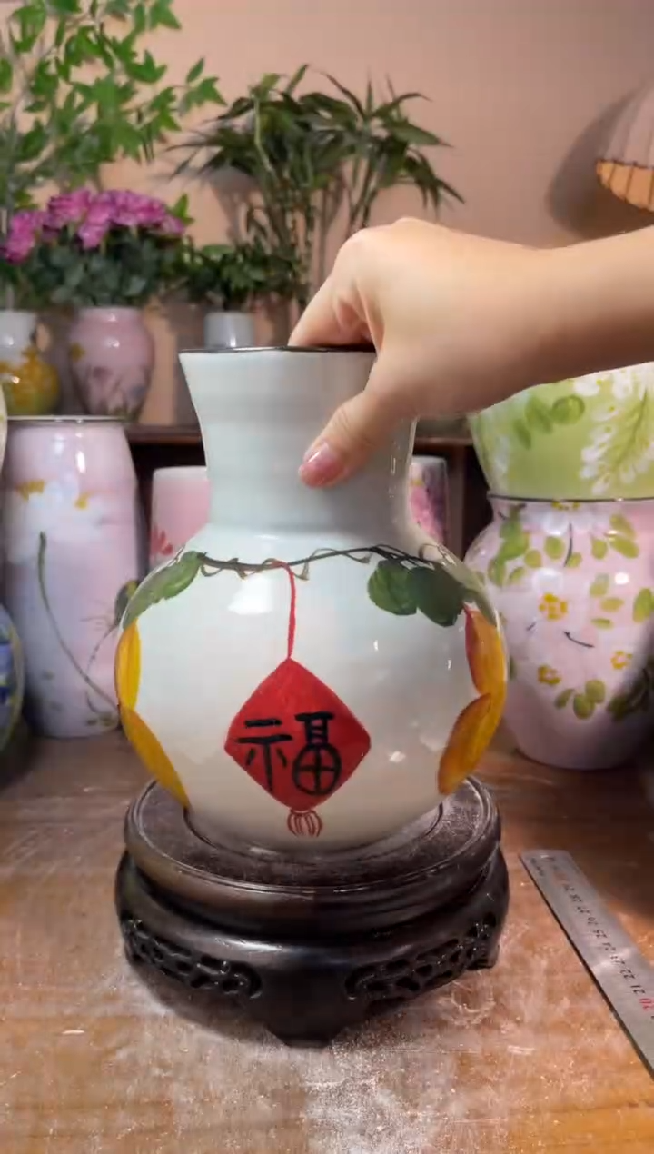 瓶景德镇手绘陶瓷花瓶—无孔：高19*口9