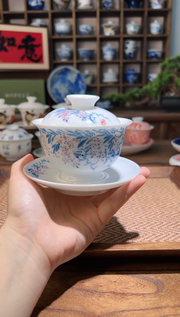 180cc左右-手绘紫藤花大三才盖碗