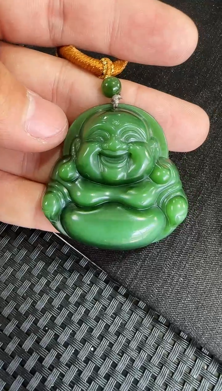 【闪购商品】和田玉（碧玉）菠菜绿猫眼佛公未镶嵌约45mm 多样性发一