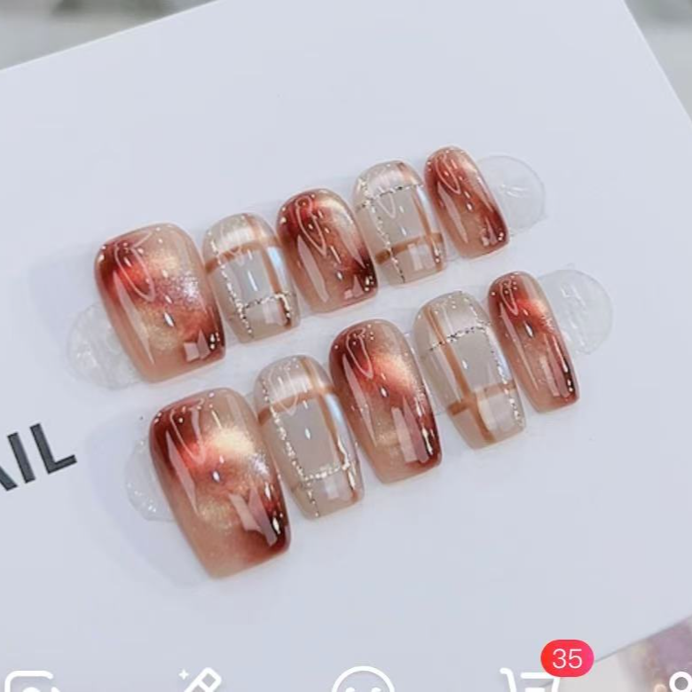 TugeNail “冰美式” 金线格纹玉石冰猫眼美甲复古穿戴甲琳琳专属