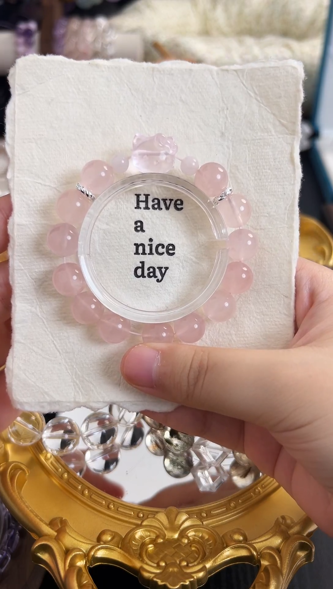 未镶嵌手串水晶粉水晶搭配KT小猫单圈