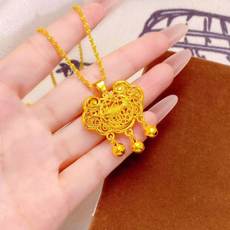 铜合金项链 镂空年年有鱼铃铛吊坠平安锁项链轻奢小众
