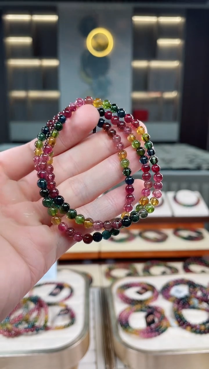 未镶嵌冰透体老矿碧玺彩虹三圈手串4mm+碧玺多样性发一条xion