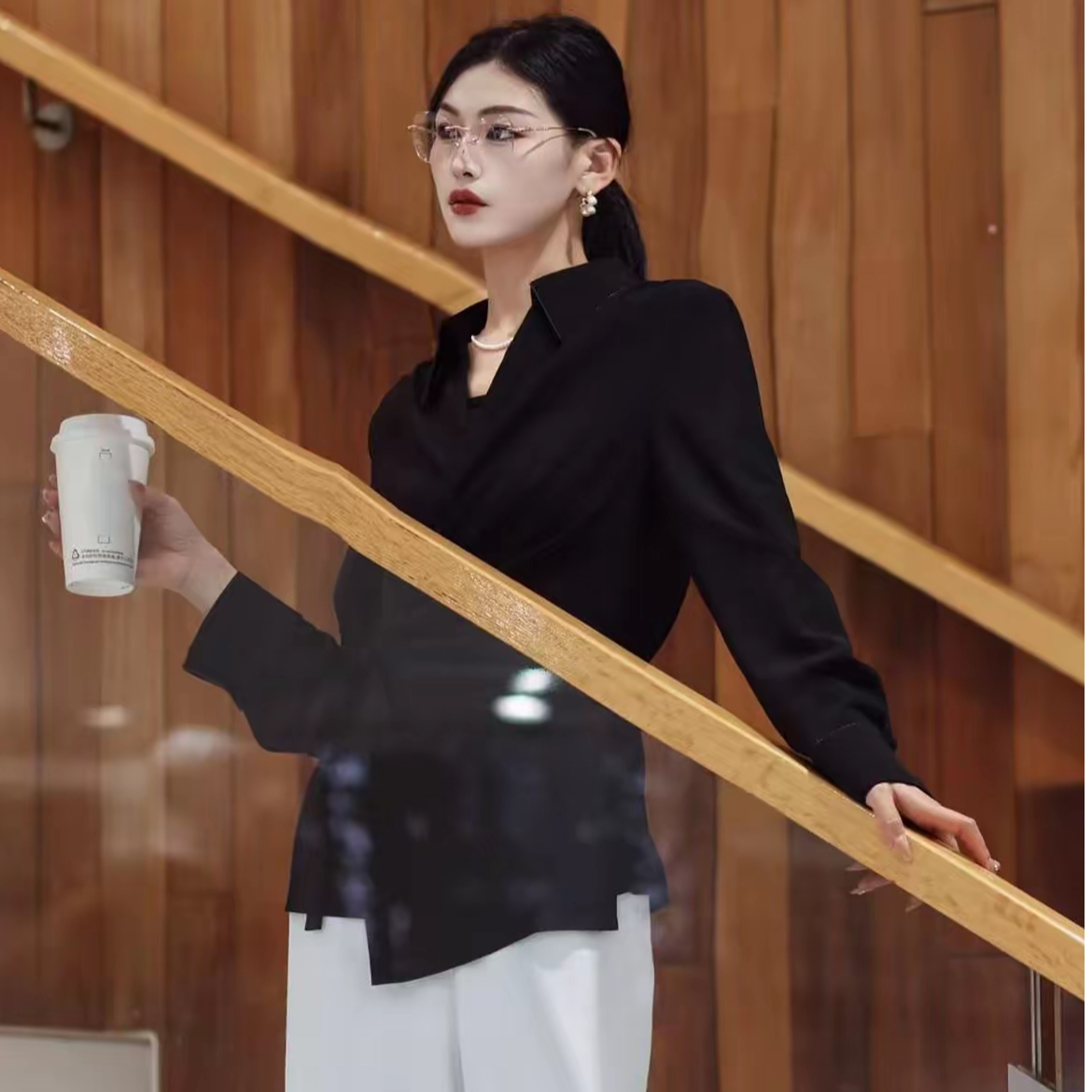 GIRDEAR/哥弟长袖显瘦百搭瑞丽风V领衬衫女装衬衣小衫上衣130087