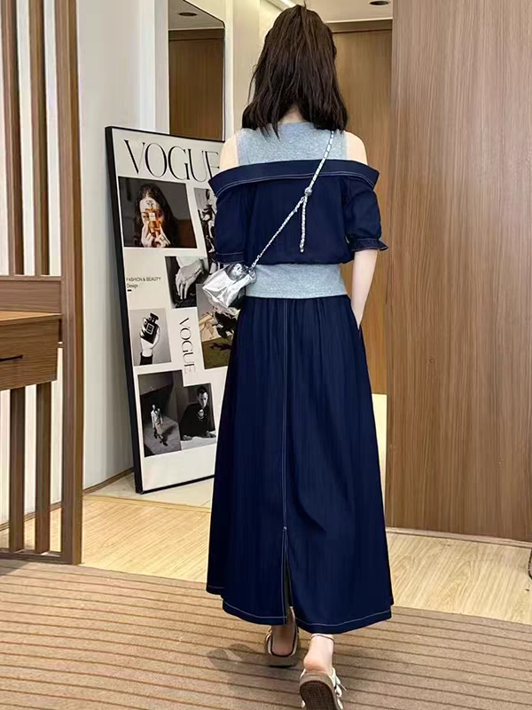 2025夏季最新款牛仔裙套装女洋气露肩上衣半身裙，二件套