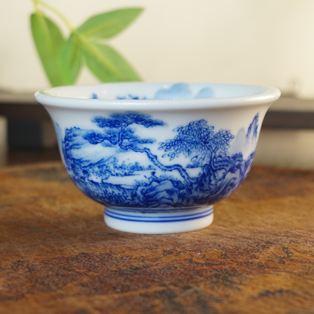 溪山堂仿北宋山水青花山水茶杯柴窑青花山水主人杯茶杯压手杯