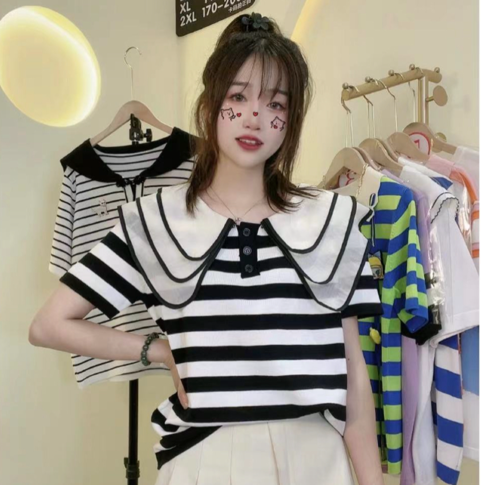 【定制大码女装80-200斤】娃娃领条纹显瘦百搭洋气短袖上衣1193
