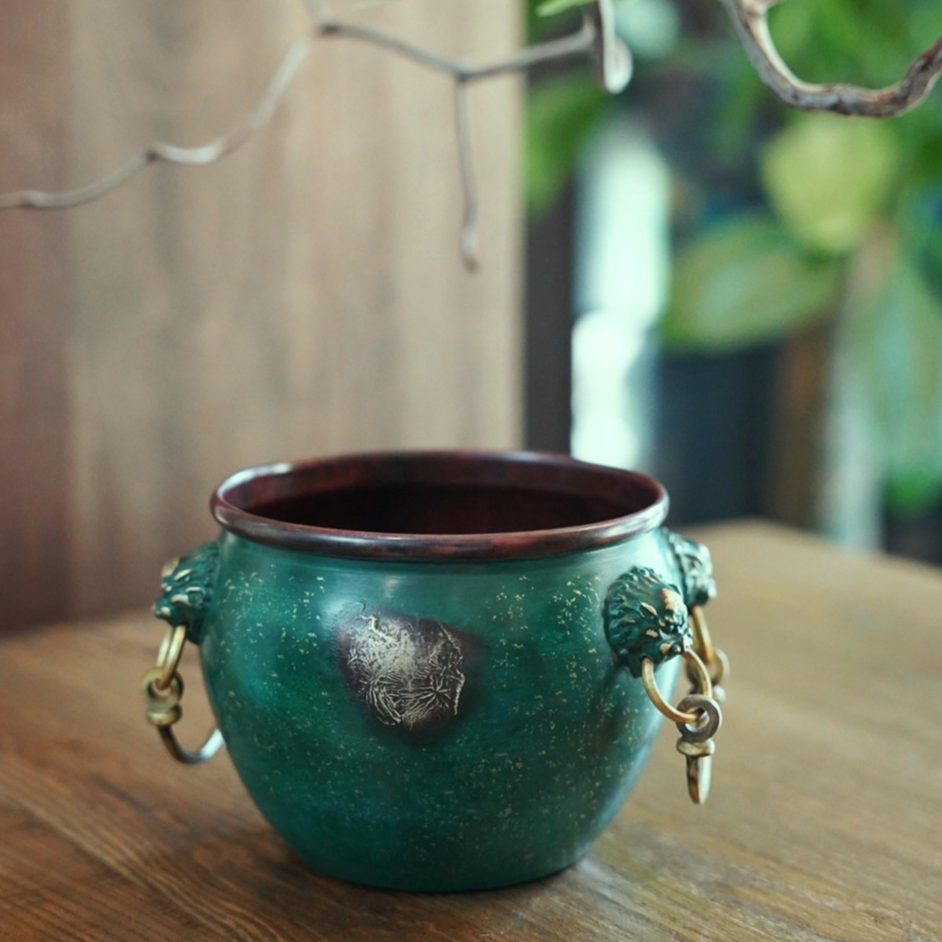 【倩遇】绿釉狮子双耳紫铜建水 水洗水盂废水茶渣桶大容量茶具