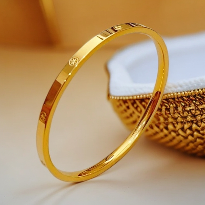 钛钢手镯 气质简约不掉色5D车花米字亮面闭口金色窄版素圈手镯女