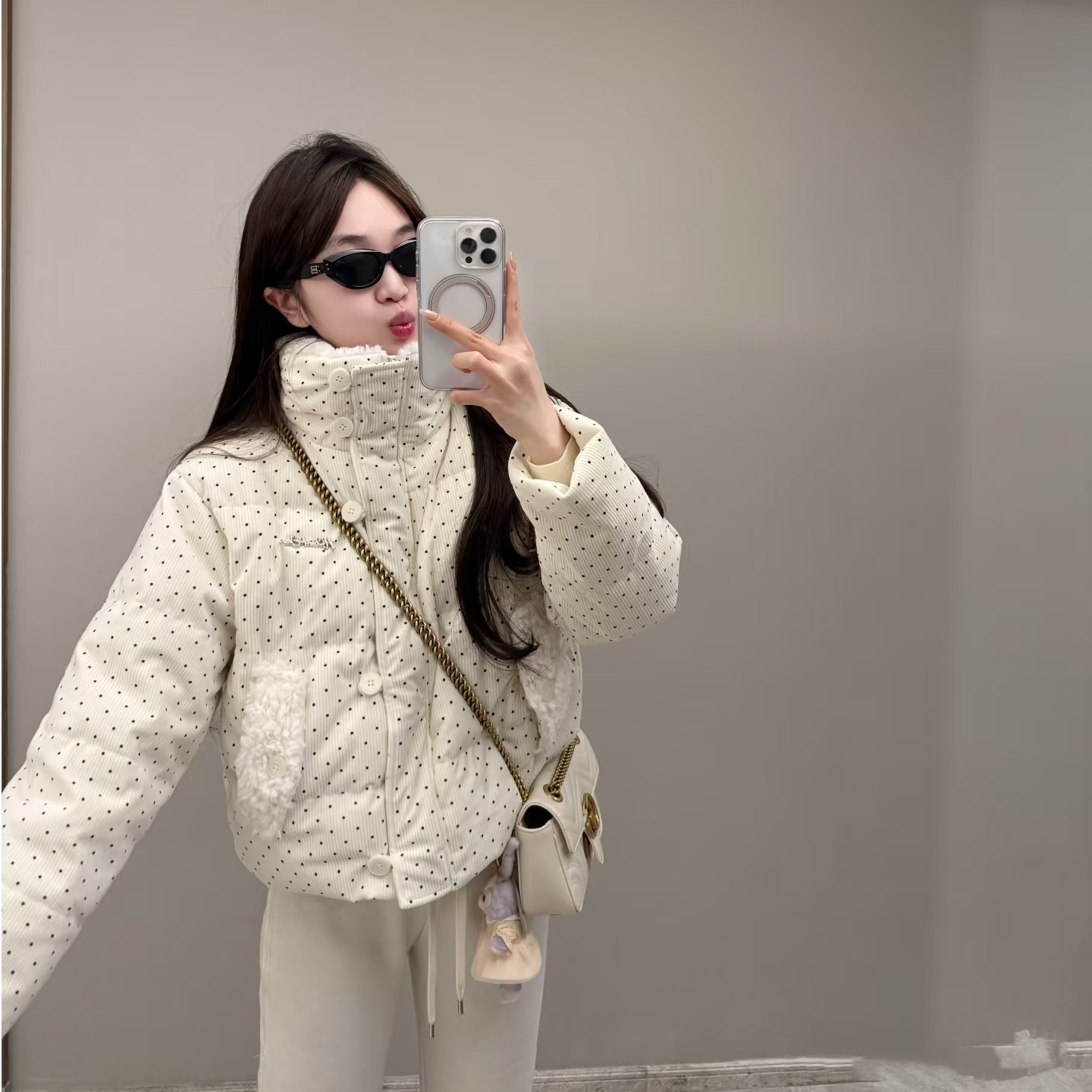 韩系软糯波点毛领棉服外套女冬季新款加厚百搭宽松面包服女小个子