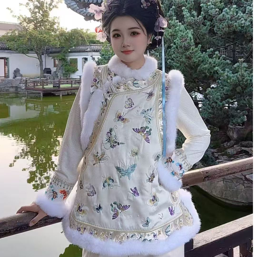 【南枝】新中式时尚女装秋冬加棉复古优雅刺绣马甲格格服中国风坎肩