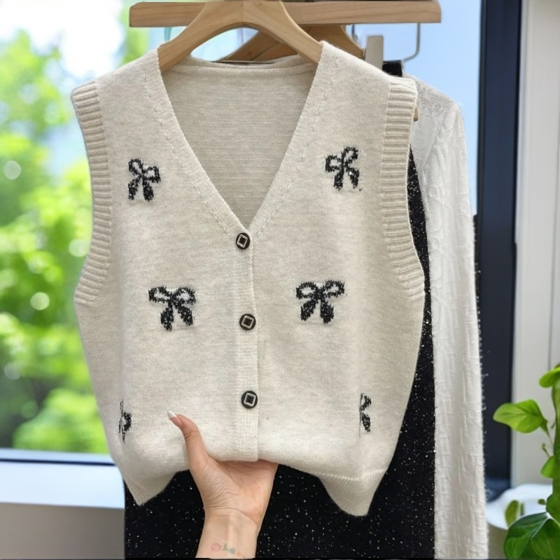 爆款春秋无袖开衫嵌花蝴蝶结马甲时尚气质修身显瘦网红上衣针织衫