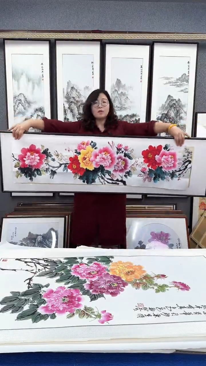 国画实木装裱47*163 牡丹