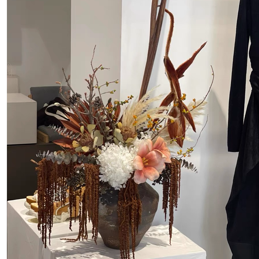 售楼处酒店会所餐厅餐桌软装花艺新中式家居饰品侘寂风干花永生花